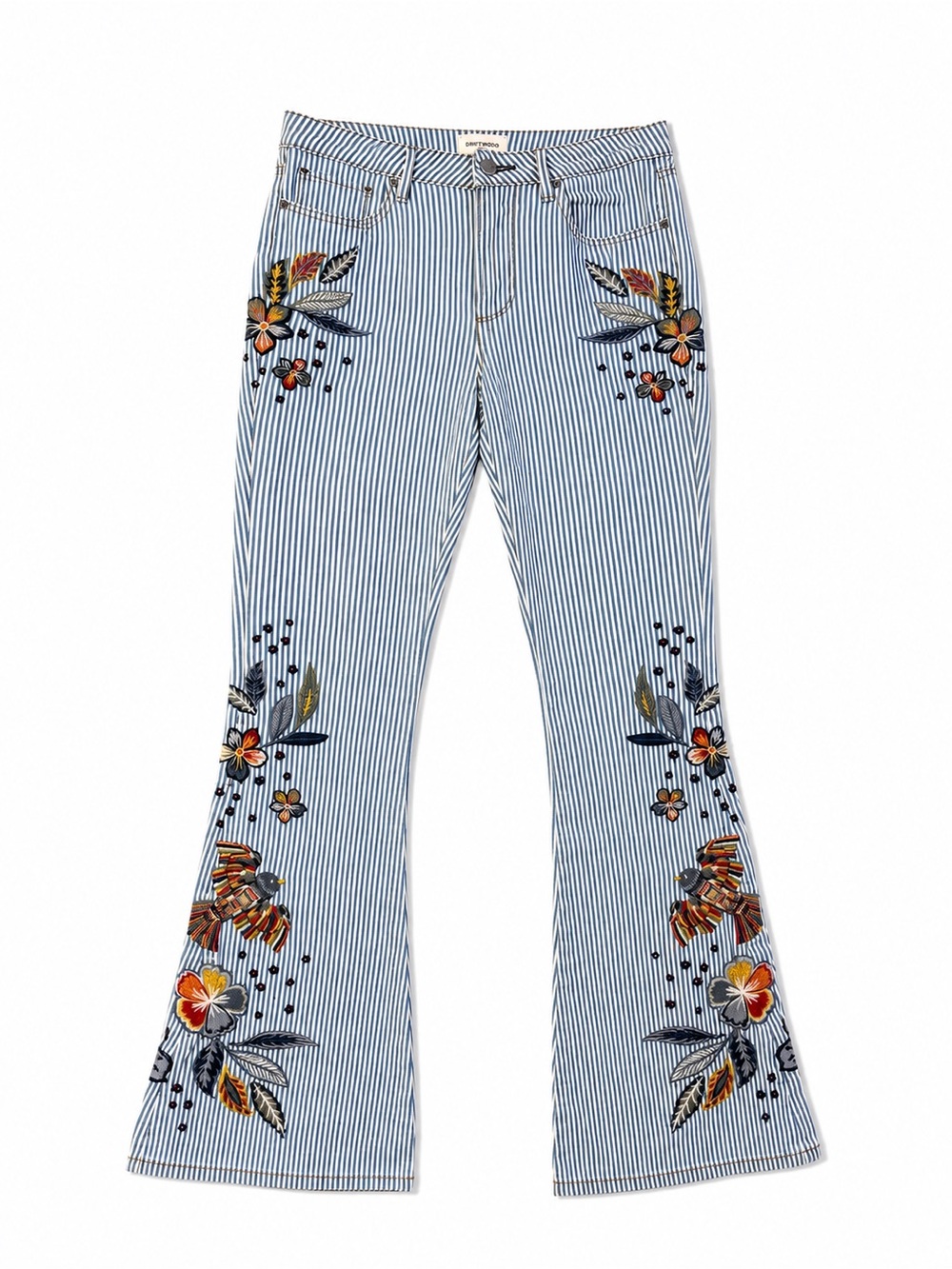 NWT Driftwood Striped Embroidered Flare Jeans - Blue Floral